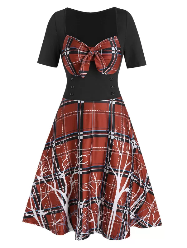 Plaid Panel Bowknot Mini A Line Dress