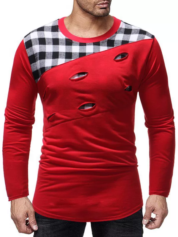 Plaid Pattern Long Sleeve Ripped T-shirt