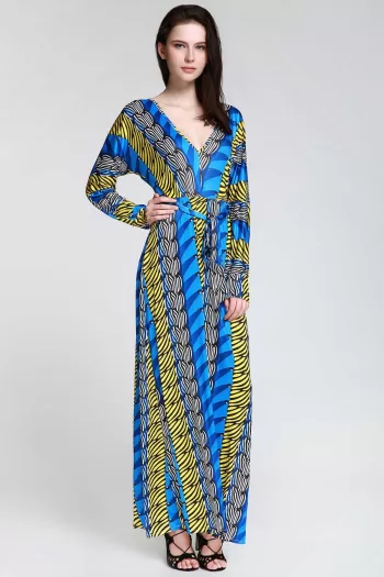 Plunge Long Sleeve Printed Maxi Dress