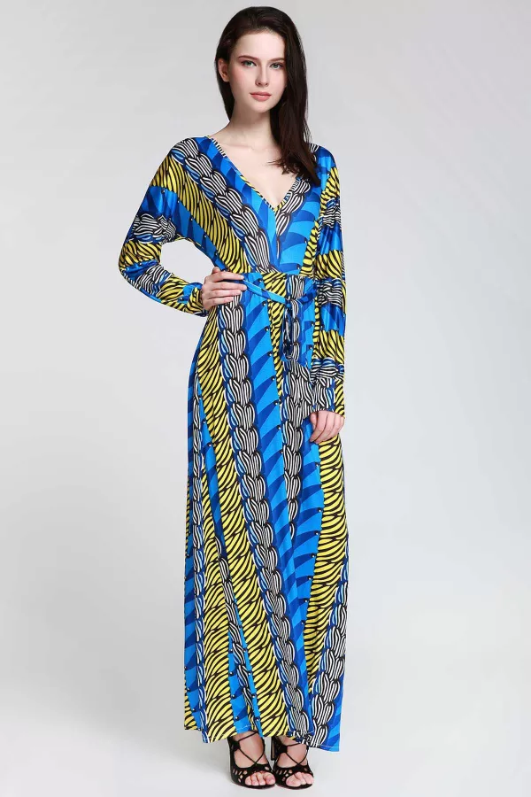 Plunge Long Sleeve Printed Maxi Dress