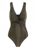 Plunge Twist-front Metallic Thread One-piece Swimsuit