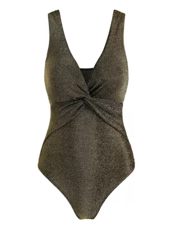 Plunge Twist-front Metallic Thread One-piece Swimsuit
