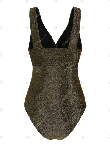 Plunge Twist-front Metallic Thread One-piece Swimsuit