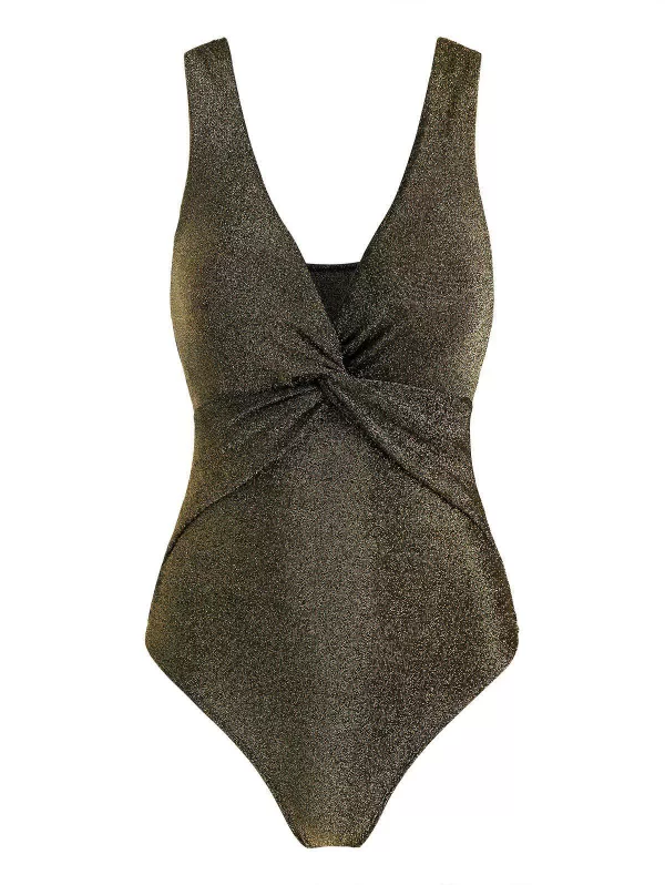 Plunge Twist-front Metallic Thread One-piece Swimsuit