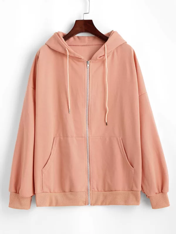 Pockets Drawstring Zip Up Oversize Hoodie