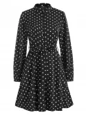Polka Dot Button Loop Belted Long Sleeve Dress