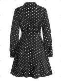 Polka Dot Button Loop Belted Long Sleeve Dress