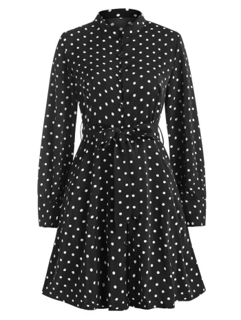 Polka Dot Button Loop Belted Long Sleeve Dress