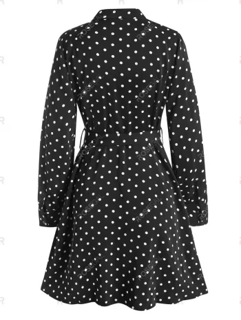 Polka Dot Button Loop Belted Long Sleeve Dress