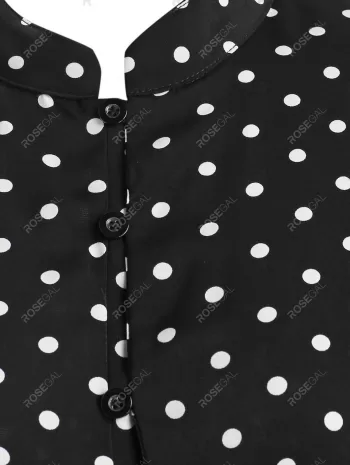 Polka Dot Button Loop Belted Long Sleeve Dress