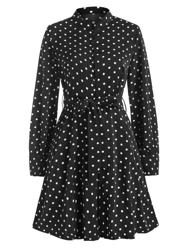 Polka Dot Button Loop Belted Long Sleeve Dress