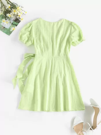 Puff Sleeve Bowknot Plunging Mini Dress