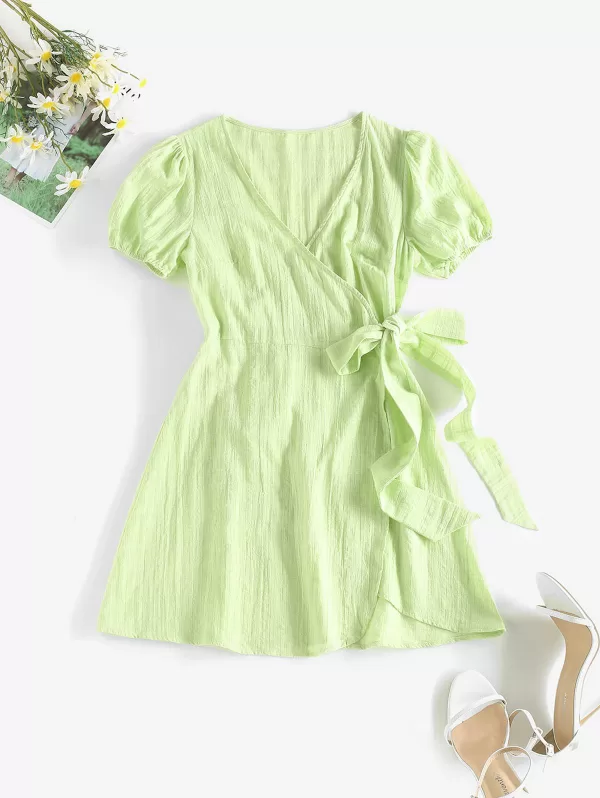 Puff Sleeve Bowknot Plunging Mini Dress
