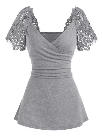 Raglan Sleeve Guipure Insert Surplice T Shirt