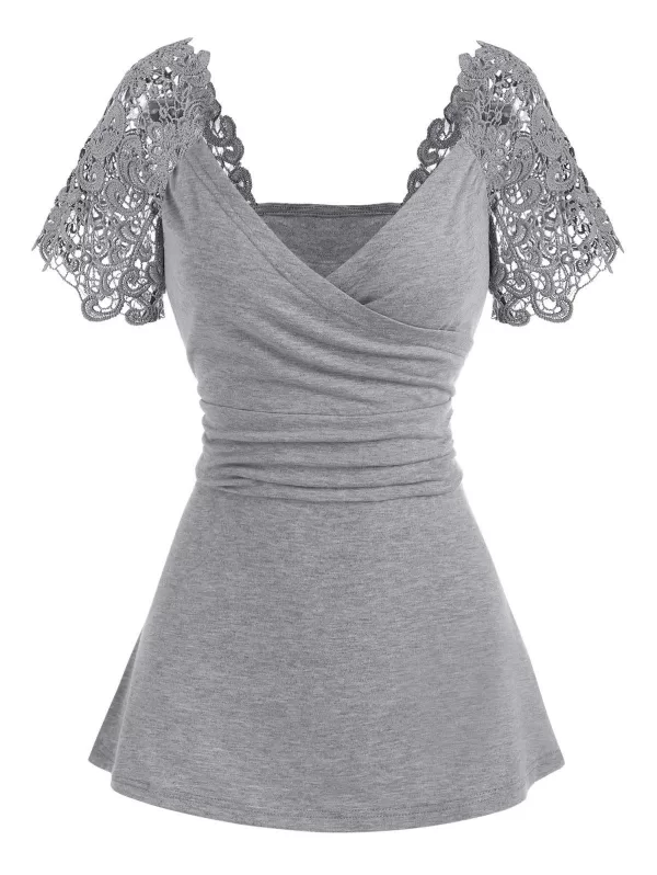 Raglan Sleeve Guipure Insert Surplice T Shirt