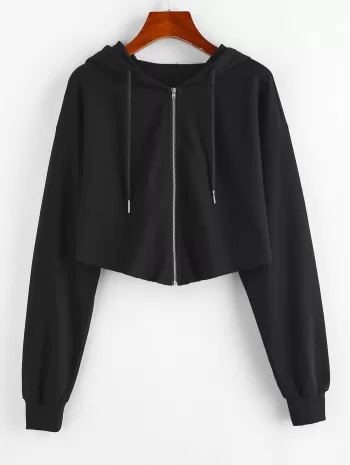 Raw Hem Zip Up Cropped Hoodie