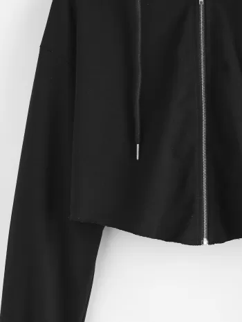 Raw Hem Zip Up Cropped Hoodie