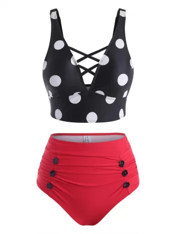 Retro Polka Dot Lattice Ruched Tankini Swimwear