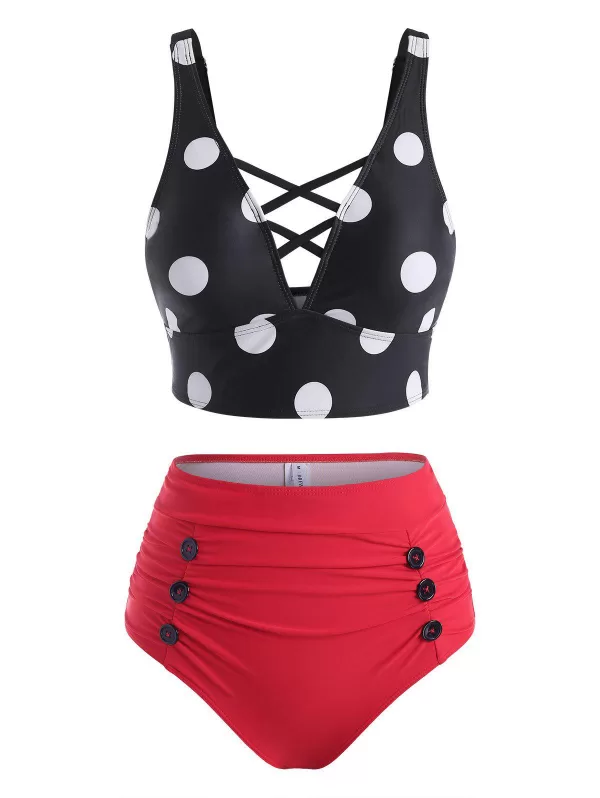 Retro Polka Dot Lattice Ruched Tankini Swimwear