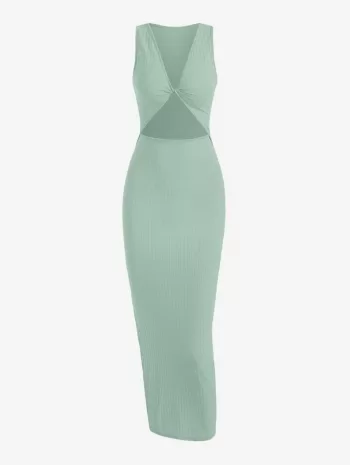 Rib-knit Twist Cutout Split Side Slinky Tank Dress
