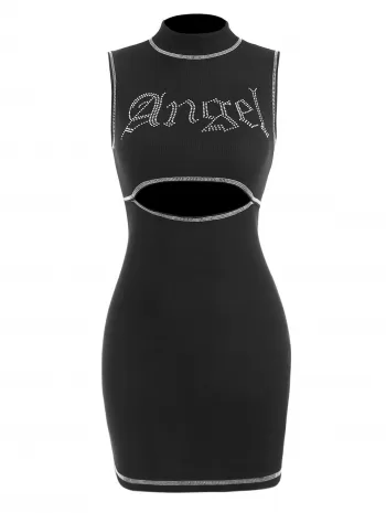 Ribbed Angel Rhinestone Topstitching Cutout Dress