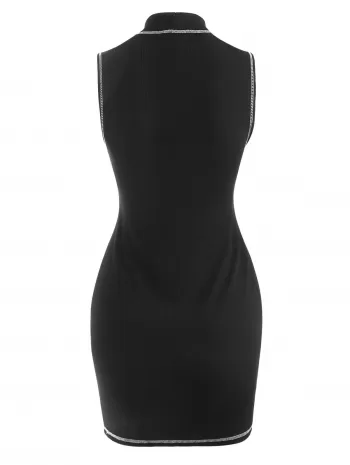 Ribbed Angel Rhinestone Topstitching Cutout Dress