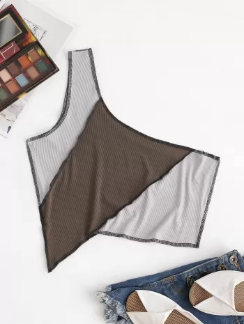 Ribbed Bicolor Topstitch One Shoulder Tank Top