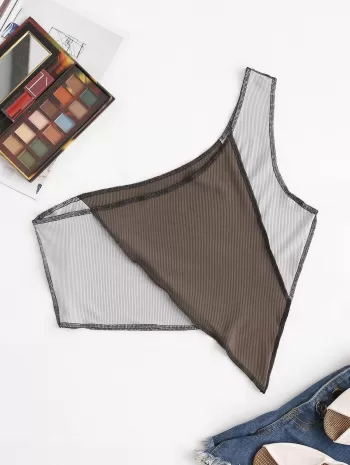 Ribbed Bicolor Topstitch One Shoulder Tank Top