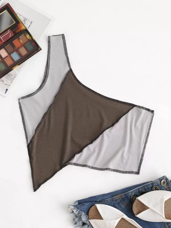 Ribbed Bicolor Topstitch One Shoulder Tank Top