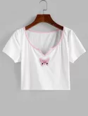 Ribbed Butterfly Embroidered V Notched T Shirt