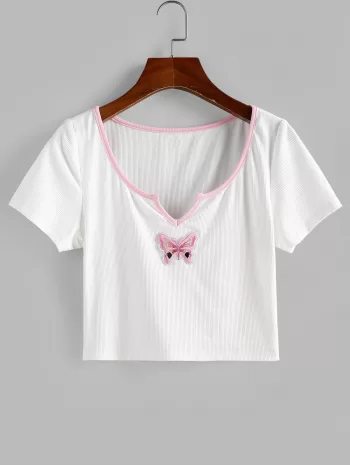 Ribbed Butterfly Embroidered V Notched T Shirt