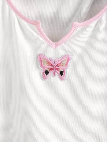 Ribbed Butterfly Embroidered V Notched T Shirt