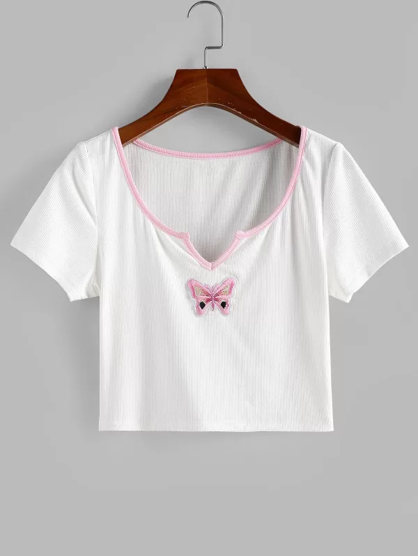 Ribbed Butterfly Embroidered V Notched T Shirt