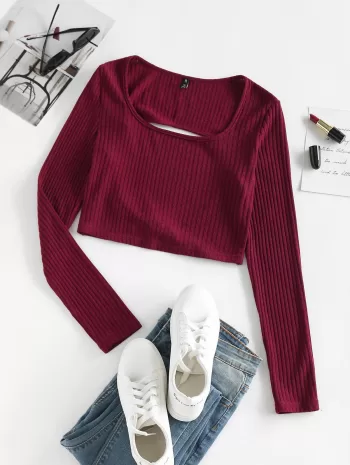 Ribbed Cutout Twist Crop Slim Tee