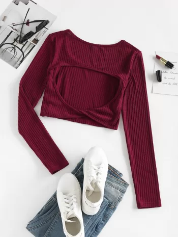 Ribbed Cutout Twist Crop Slim Tee