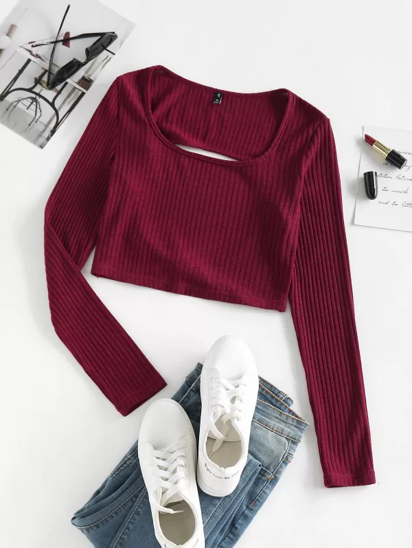 Ribbed Cutout Twist Crop Slim Tee