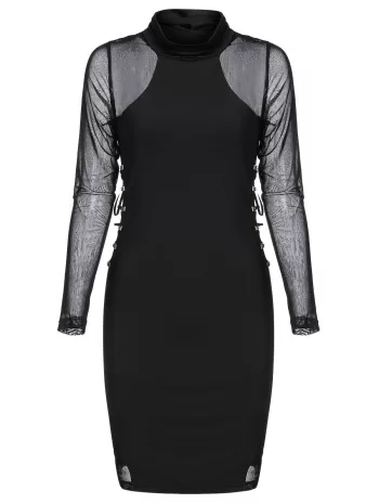 Rivet Embellished Lace-up Mesh Insert Mini Gothic Bodycon Dress