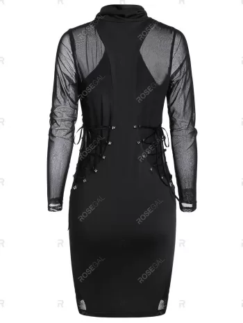 Rivet Embellished Lace-up Mesh Insert Mini Gothic Bodycon Dress