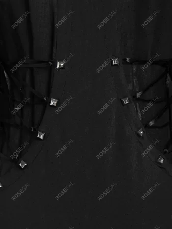 Rivet Embellished Lace-up Mesh Insert Mini Gothic Bodycon Dress