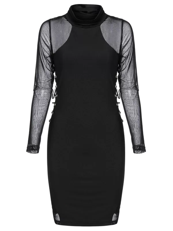 Rivet Embellished Lace-up Mesh Insert Mini Gothic Bodycon Dress