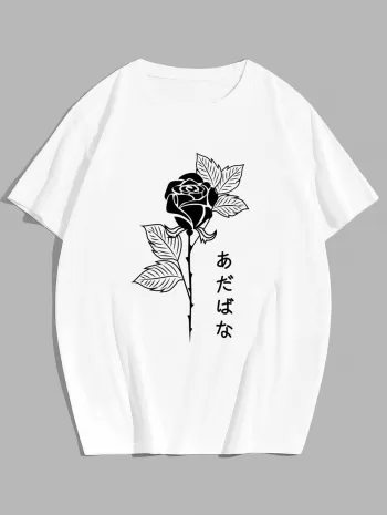 Rose Japanese Print Casual T-shirt