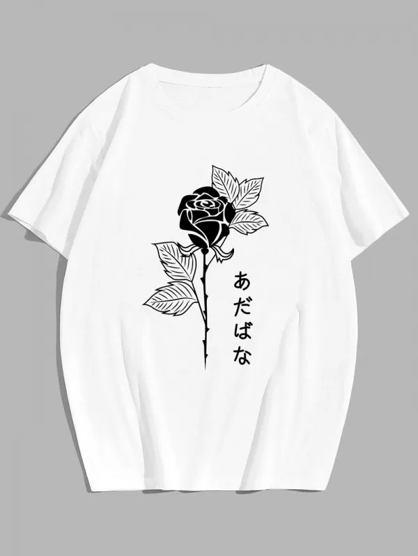 Rose Japanese Print Casual T-shirt