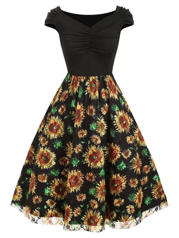 Ruched Sunflower Mesh Panel Dress