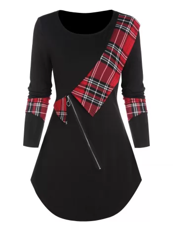 Ruffle Zipped Plaid T Shirt