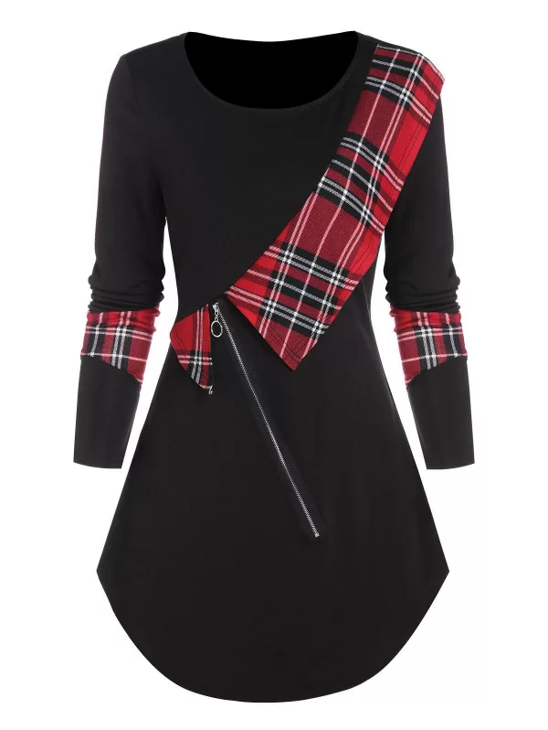 Ruffle Zipped Plaid T Shirt