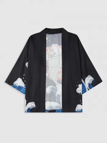 Sea Wave And Koi Fish Pattern Open Front Kimono
