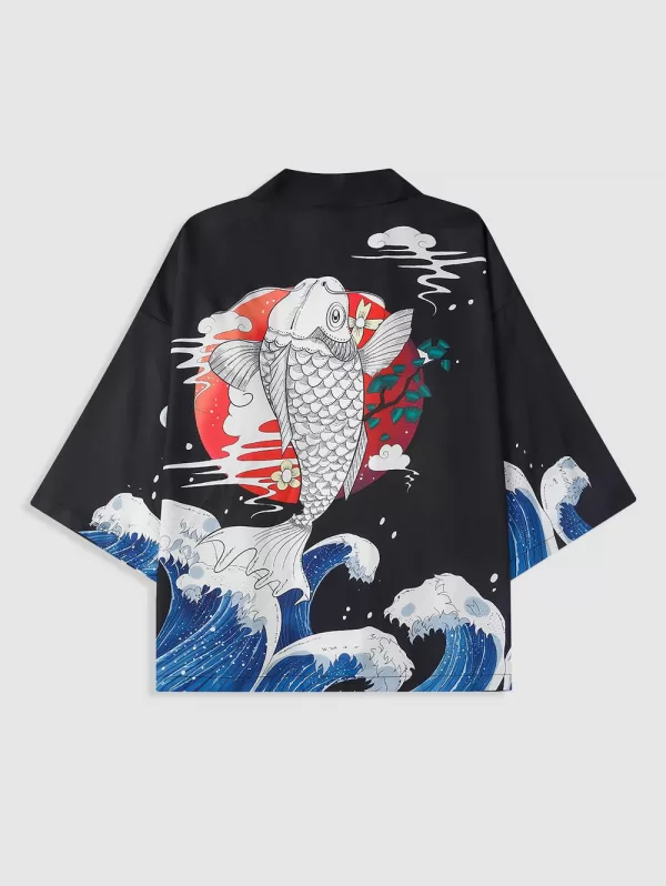 Sea Wave And Koi Fish Pattern Open Front Kimono