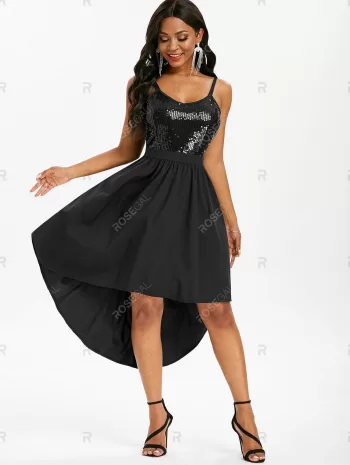 Sequined Open Back Dip Hem Party Dress