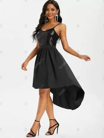 Sequined Open Back Dip Hem Party Dress