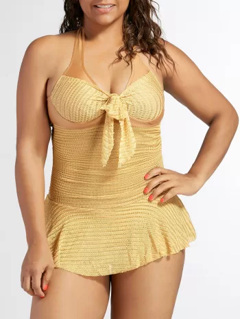 Sexy Halterneck Backless Drawstring Ruffled Lace One-piece Women's Swimwear